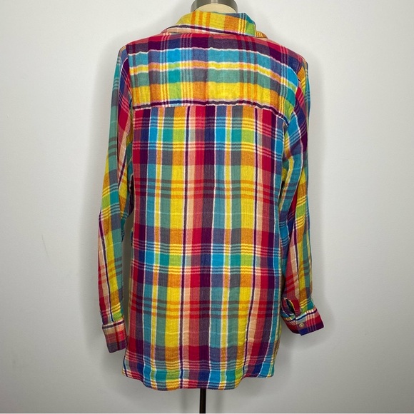 Soft Surroundings Kona Shores Rainbow Plaid Gauze Cotton Button Up Shirt - Picture 5 of 11